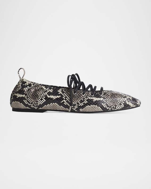 Sophia Lace-Up Snake-Embossed Leather Ballerina Flats